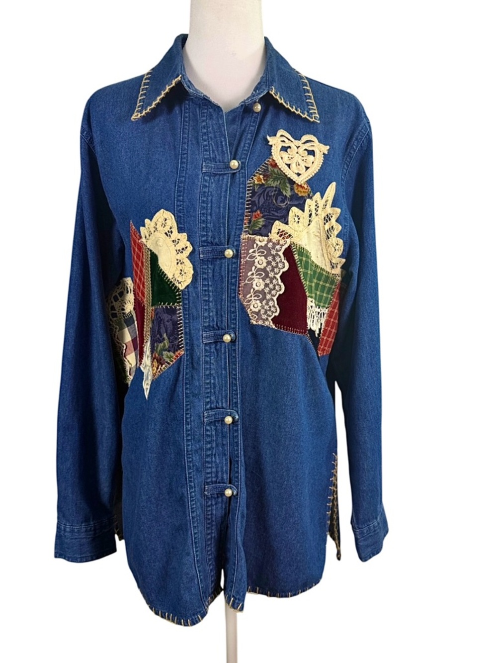 Vintage Connie’s Prairie Patchwork Denim Shirt Size M Lace Doily Boho Kitschy